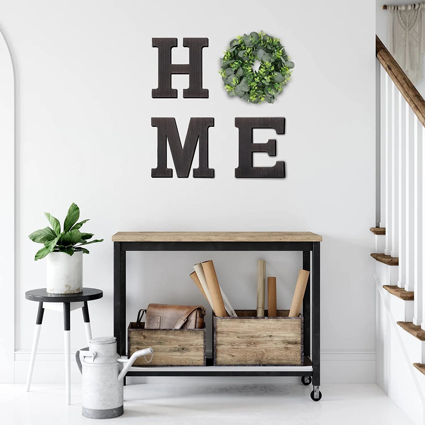Home Sign Wall Decor Wooden Farmhouse Wall Decor Hanging Letters Home Sign with Eucalyptus Wreath for Front Door Living Room Entryway Kitchen Bathroom Housewarming