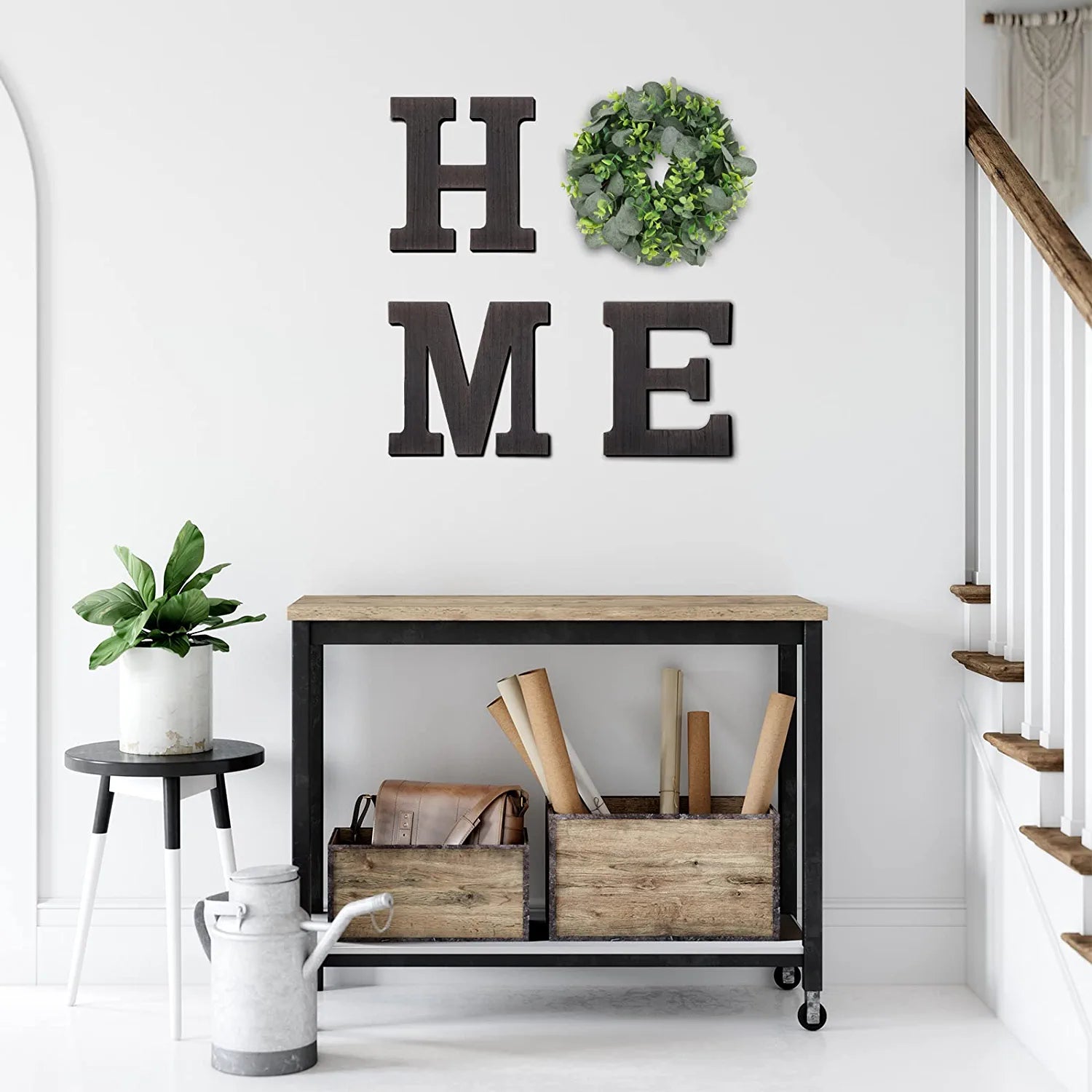 Home Sign Wall Decor Wooden Farmhouse Wall Decor Hanging Letters Home Sign with Eucalyptus Wreath for Front Door Living Room Entryway Kitchen Bathroom Housewarming