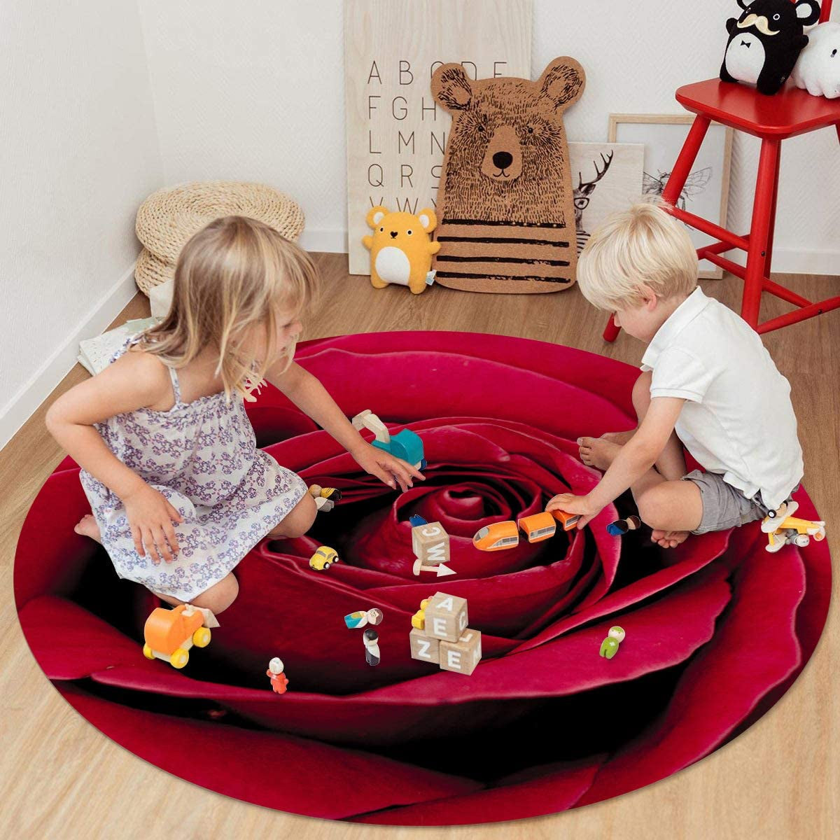 Area Rug 3.3Ft Round, Red Rose Flower Plant Kitchen Rugs Non Skid Area Indoor Floor Mat for Living Room, Bedroom