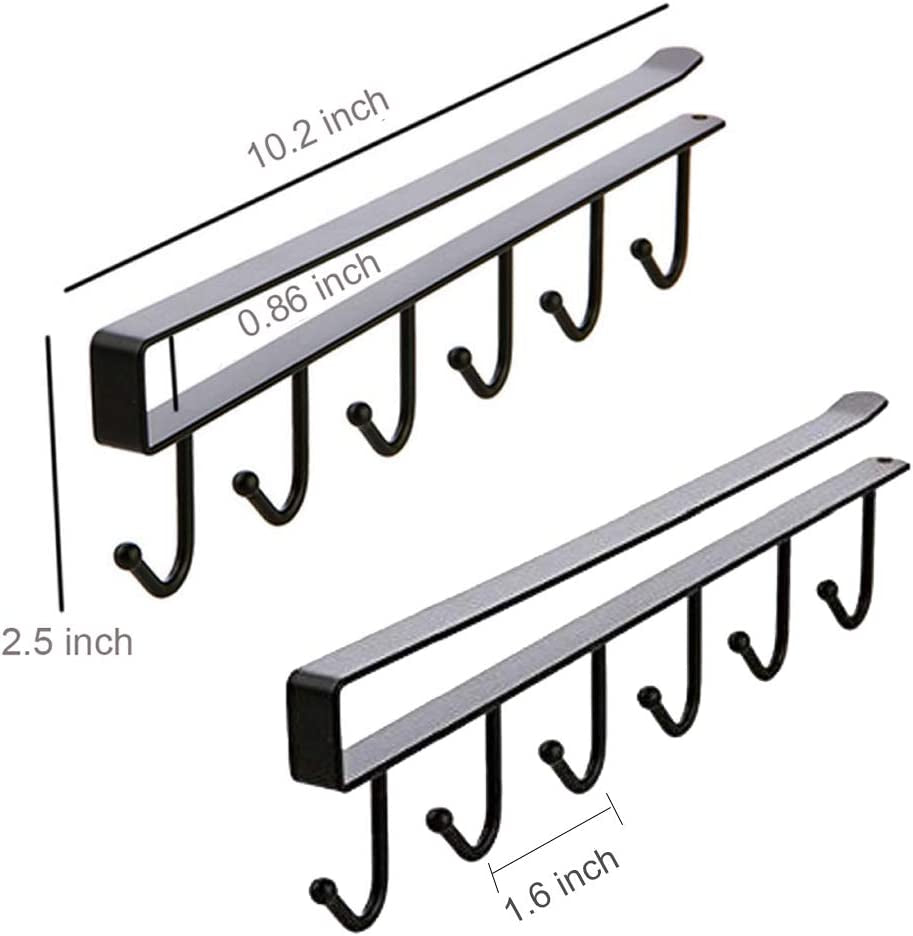 Alich 2Pcs Mug Hooks under Cabinet Mug Holder Rack,Nail Free Adhesive Coffee Cups Holder Hanger for Cups/Kitchen Utensils/Ties Belts/Scarf/Keys Storage, Fit for 0.8Inch Thickness Shelf or Less (BLA)