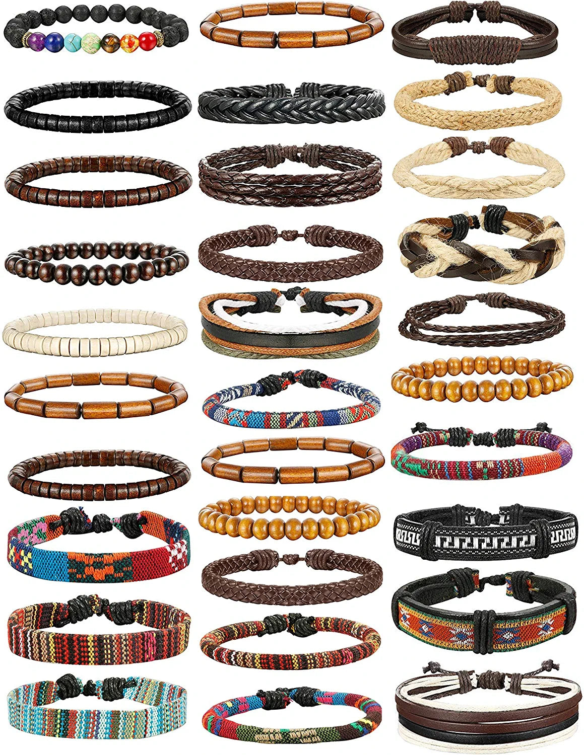 31 Pcs Braided Leather Bracelets for Men Women Wooden Beads Cool Hemp Tribal Wristbands Cuff Punk Multilayered Bracelets