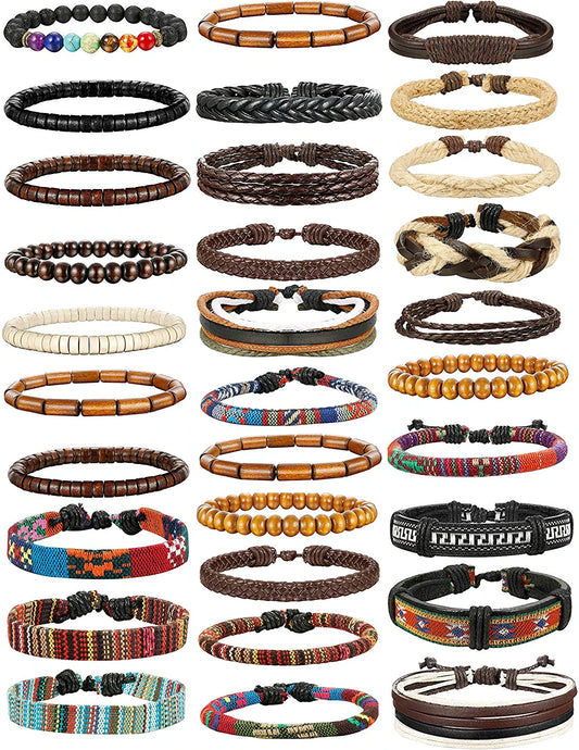 31 Pcs Braided Leather Bracelets for Men Women Wooden Beads Cool Hemp Tribal Wristbands Cuff Punk Multilayered Bracelets