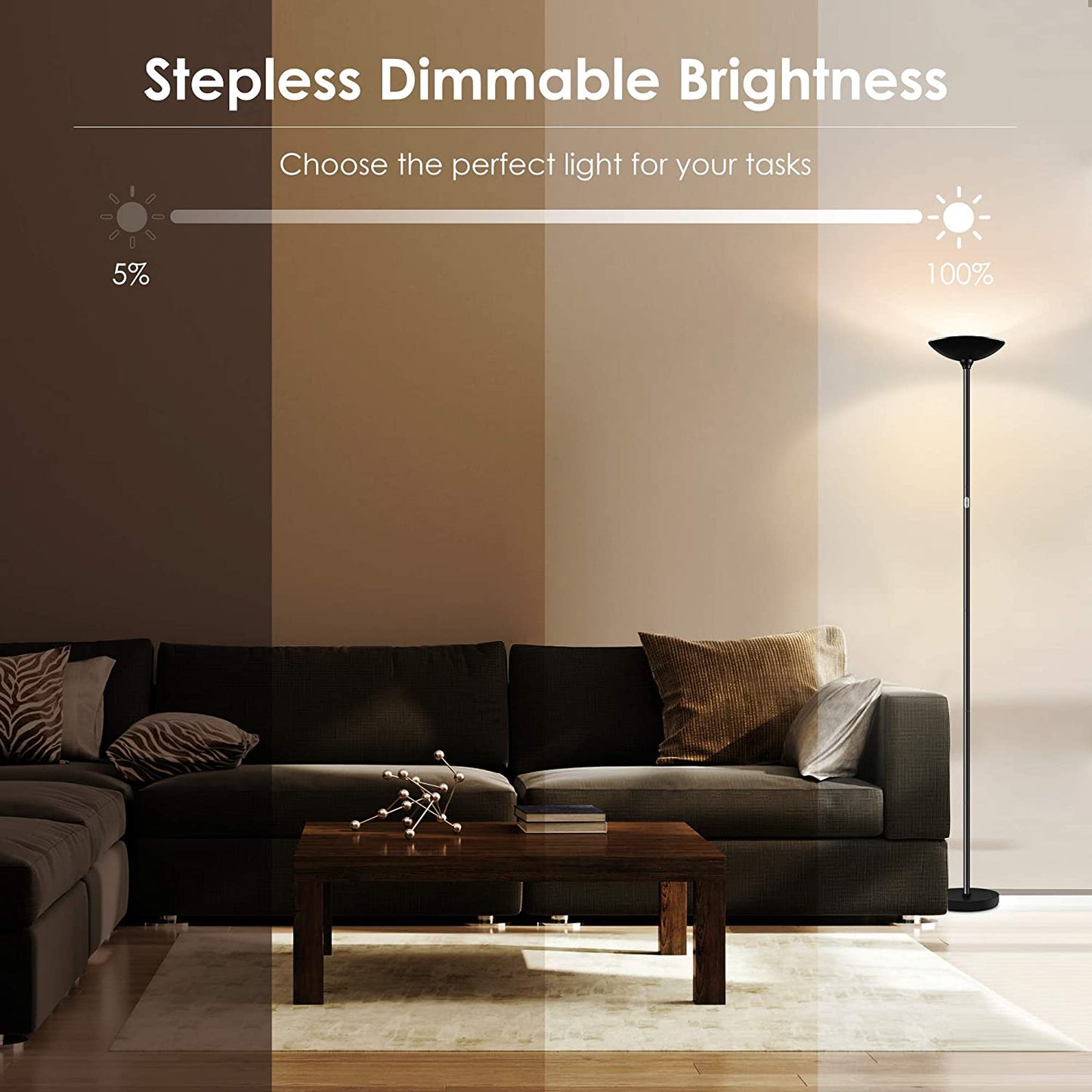 Floor Lamp, Standing Lamp, 20W 2000LM LED Torchiere Floor Lamp, Stepless Dimmable, Touch Control, 3000K Daylight, 50000Hrs Lifespan, Floor Lamps for Living Room, Standing Lamps for Bedroom