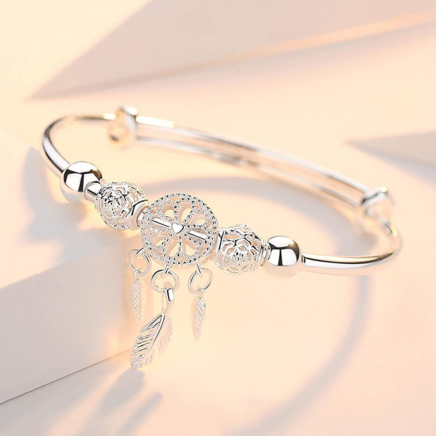 Silver Dream Catcher Tassel Feather Charm Bracelet Bangle Adjustable Mother'S Day Jewelry Gift Birthday Christmas Gifts for Women Mom Wife Girls