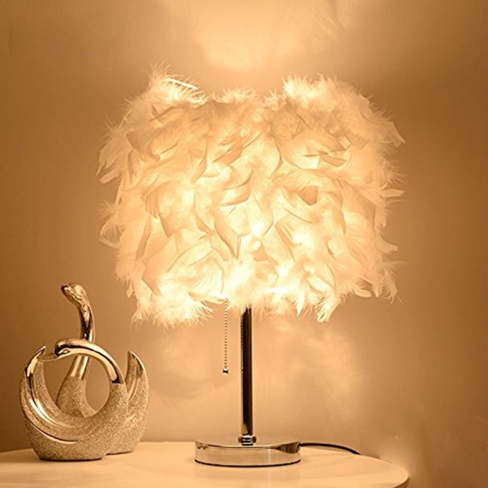 Feather Lamp,White beside Table Lamp for Bedroom,Children,Wedding,Birthday,Vintage Deco Desk Light Free Light Buld Include(A)