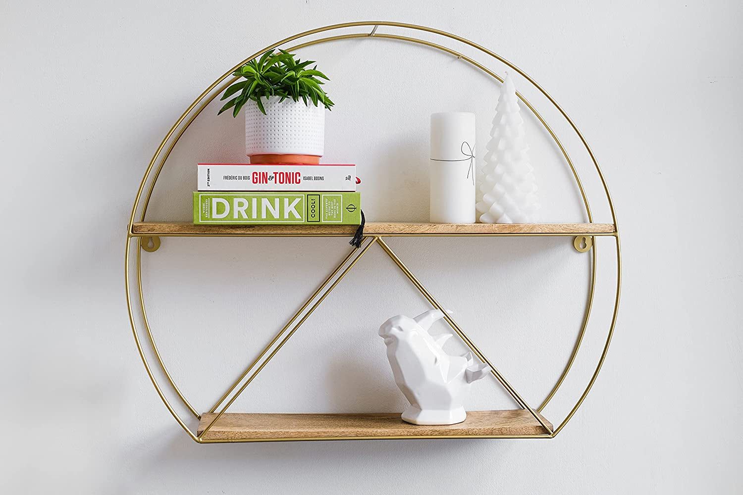 Gold round Wall Shelves, Large Circular Floating Shelf for Bathroom, Living Room, Kitchen and Bedroom, Brass Geometric Wall Decor, Metal Sconce Shelf with Mango Wood, Boho Accent Display