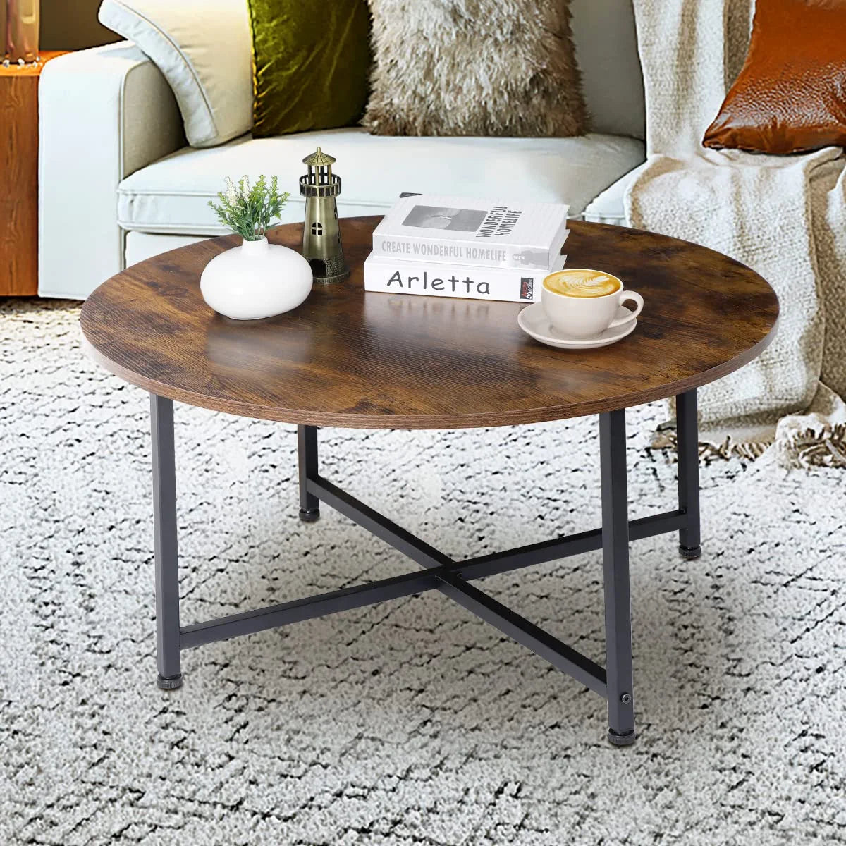 round Coffee Table, Industrial Style Cocktail Table Modern Leisure Tea Table, Kitchen Dining Table for Living Room, Dining Room, Tea, Home Office Balcony with Durable Metal Frame