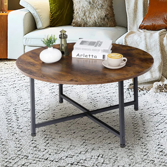round Coffee Table, Industrial Style Cocktail Table Modern Leisure Tea Table, Kitchen Dining Table for Living Room, Dining Room, Tea, Home Office Balcony with Durable Metal Frame