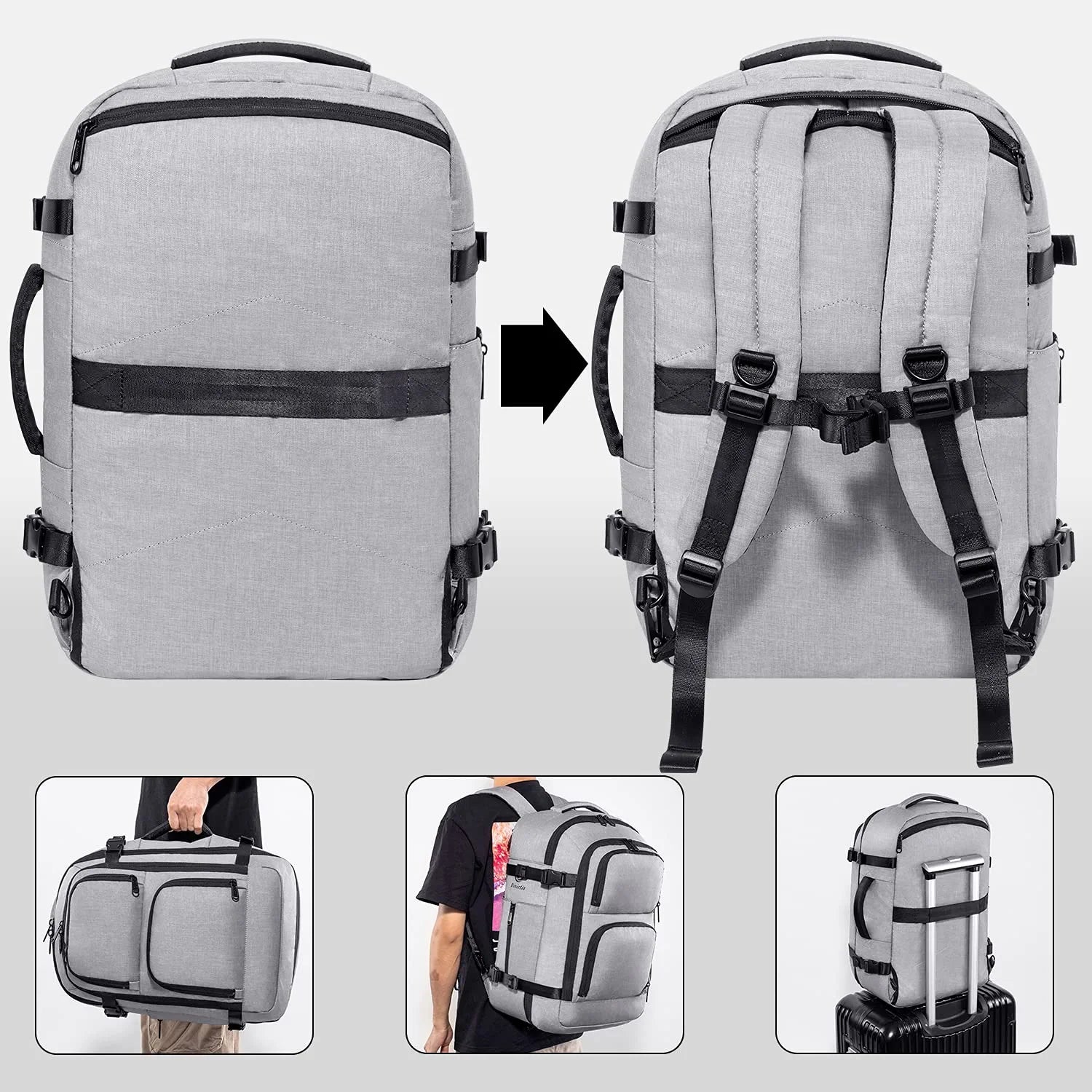 40L Travel Laptop Backpack for Men Women, Fit 17 Inch Notebook, Carry on Flight Approved Suitcase Backpack, Water Resistant Weekender Overnight Daypack, Grey