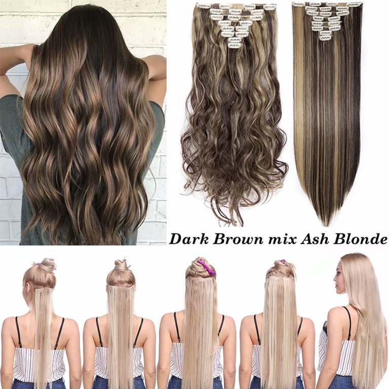 Benehair Clip In Hair Extensions Full Head Long Thick 8 Pieces Hair 18 Clips Curly Wavy Straight Hairpieces 100% Real Natural as Human Best Hair Set 24'' Curly Dark Brown & Ash Blonde