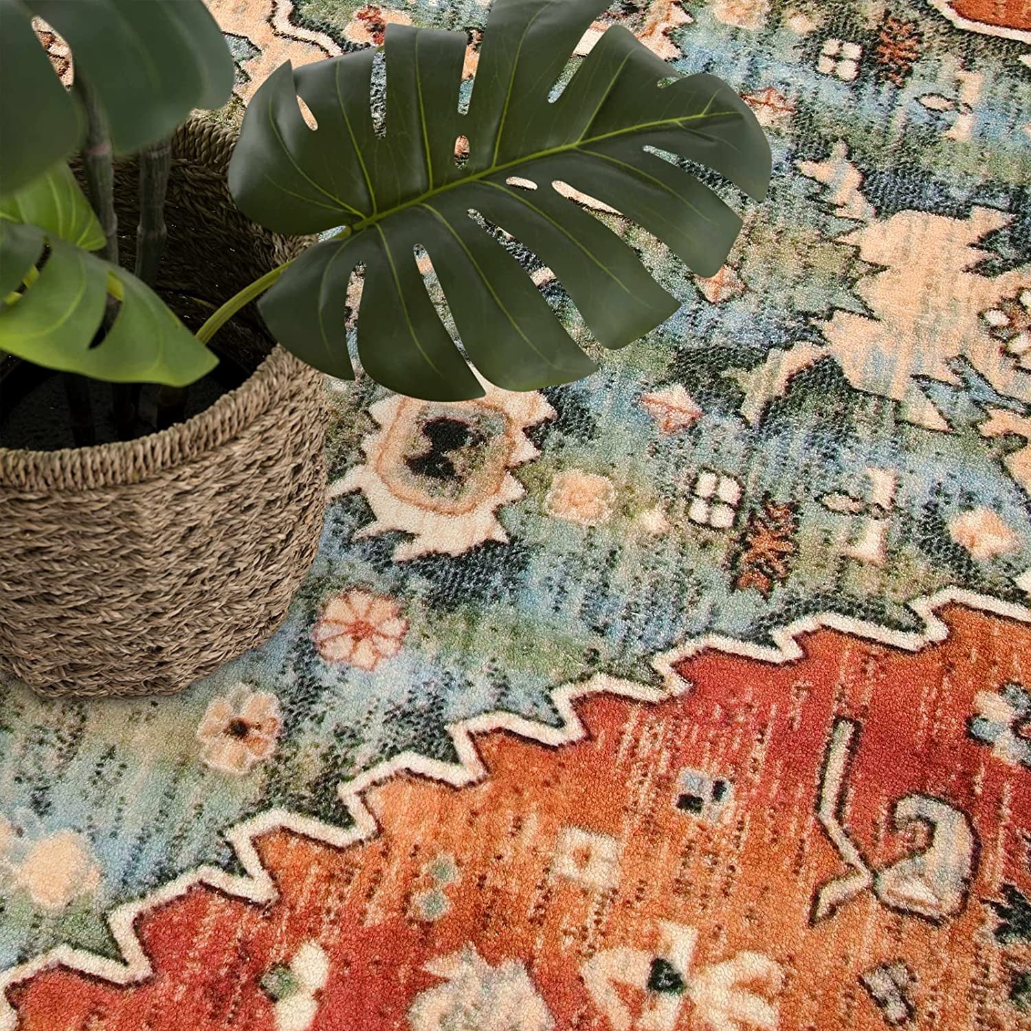 Boho Tribal Area Rug - 2X4.3 Persian Hallway Runner Rug Doormat Bohemian Faux Wool Throw Rug Non-Slip Washable Low-Pile Floor Carpet for Kitchen Laundry Room Entrance Bathroom