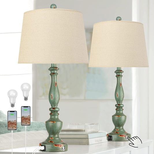 Farmhouse Lamp for Living Room Set of 2 Rustic Table Lamps 3 Way Dimmable Bedside Nightstand Lamp for Bedroom with 2 USB Port and One Outlet,Bulb Included