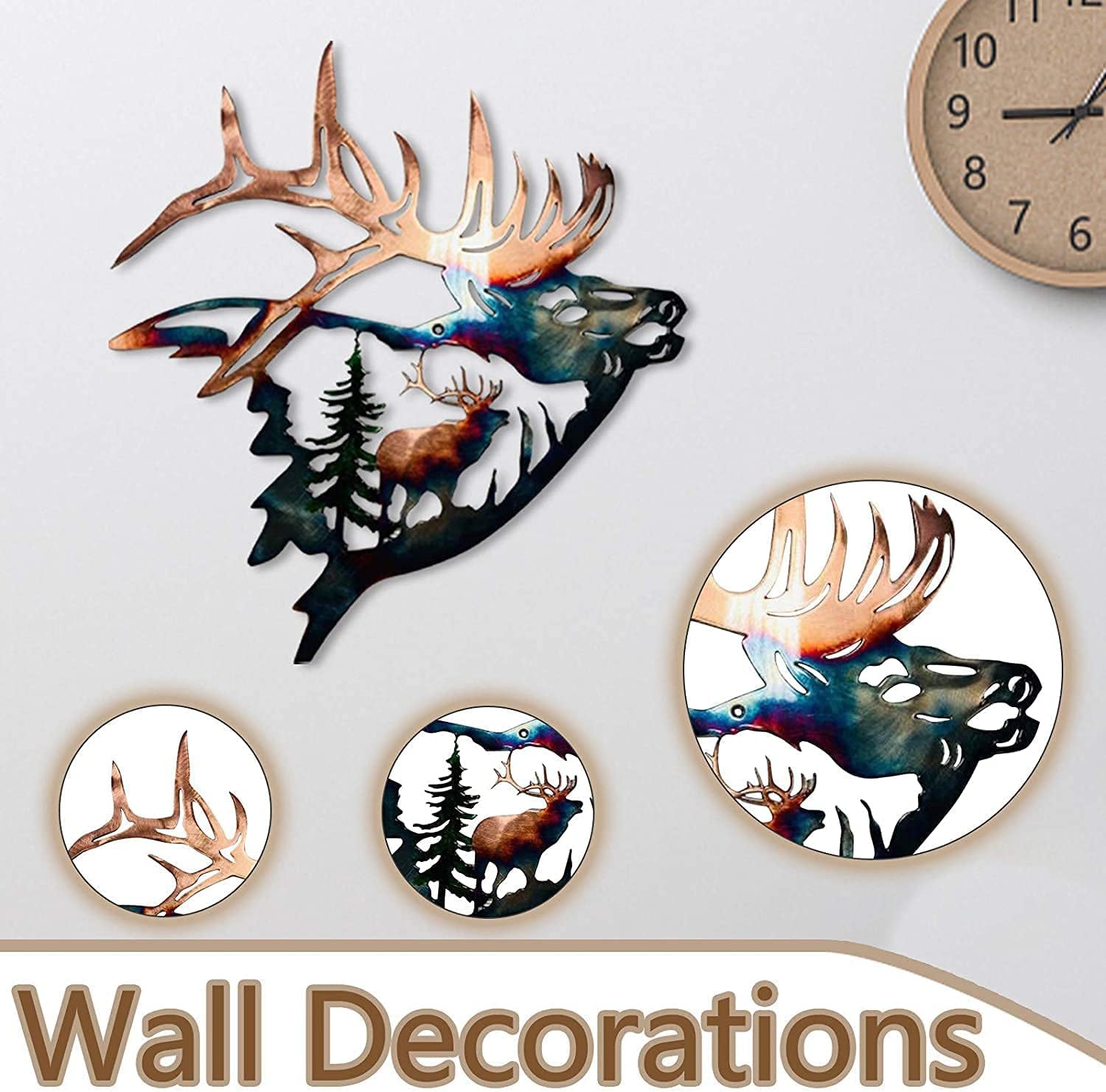 Home Collection Metal Wall Decor, Elk Deer Metal Wall Art Sculpture Silhouette Craft with Rustic Cabin Décor Finish Wall Decor Hanging for Living Room, Bedroom, Bathroom Indoor, 12.8 Inch