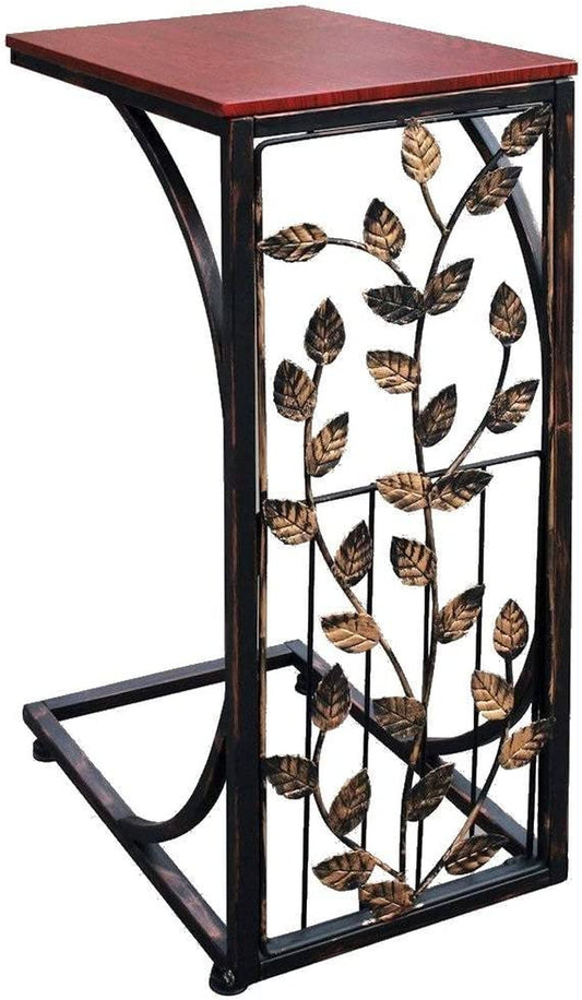 Sofa Side and End Table, Small - Metal, Dark Brown Wood Top with Leaf Design - Perfect for Your Living Room, Slides up to Sofa / Chair / Recliner - Keep Snacks, Drinks Books & Phone at Easy Reach