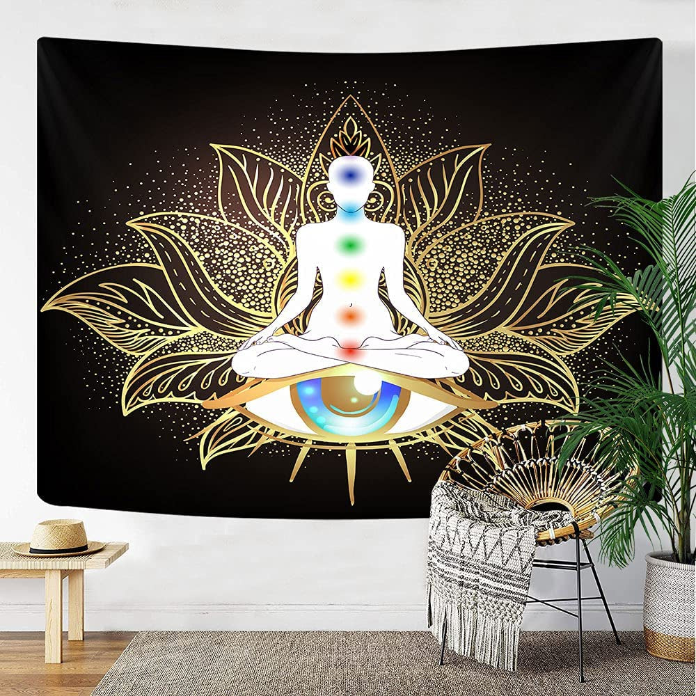 Seven Chakra Yoga Tapestry Wall Hanging,Mandala Eyes Meditation Zen Small Tapestry for Meditation Studio Room, Black Golden Lotus Spiritual Tapestries for Living Room Bedroom Dorm Home 80X60Inch