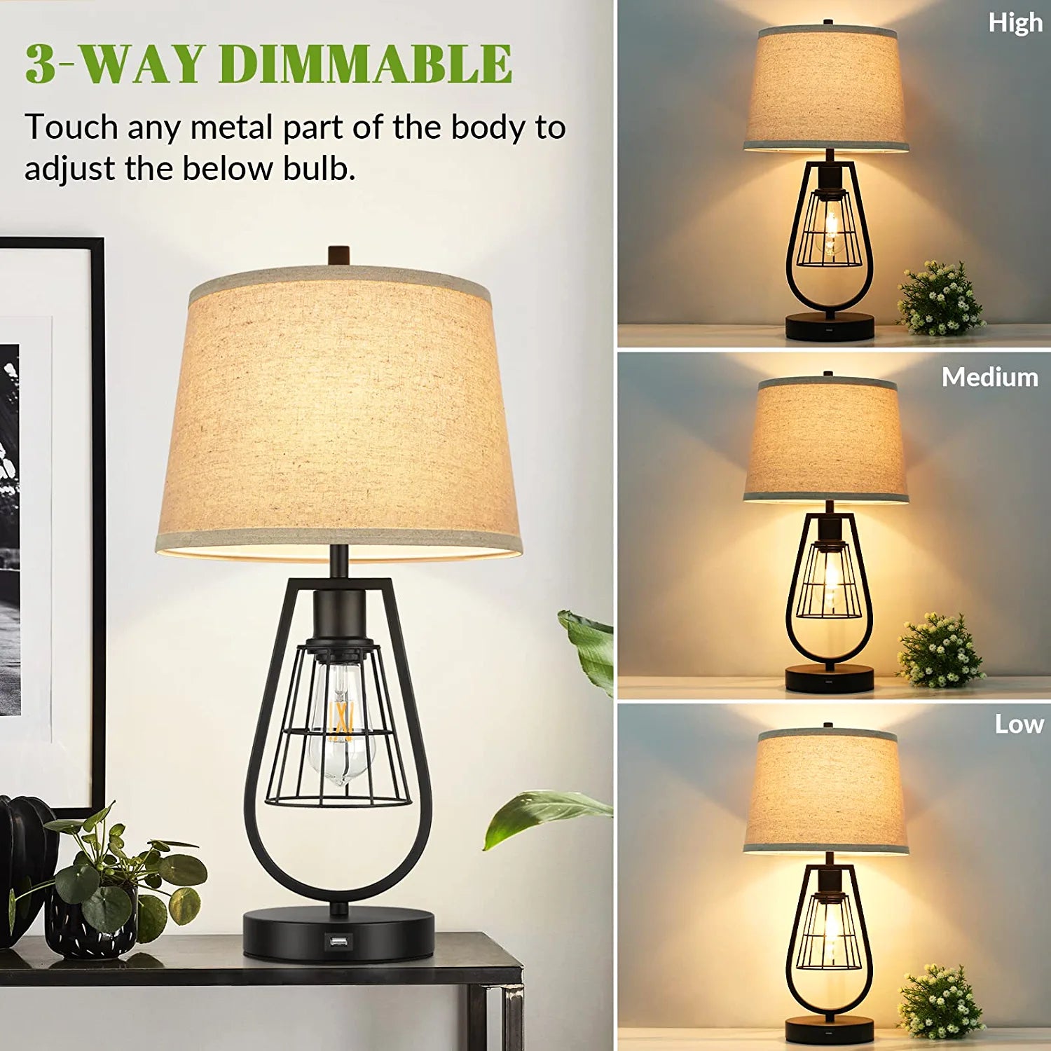 Set of 2 Industrial Touch Control Table Lamps with USB Port, 3-Way Dimmable Farmhouse Bedside Nightstand 2-Lights Lamps for Bedroom Living Room Reading, Cream Fabric , Black Metal Base, Bulbs Included