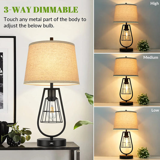 Set of 2 Industrial Touch Control Table Lamps with USB Port, 3-Way Dimmable Farmhouse Bedside Nightstand 2-Lights Lamps for Bedroom Living Room Reading, Cream Fabric , Black Metal Base, Bulbs Included