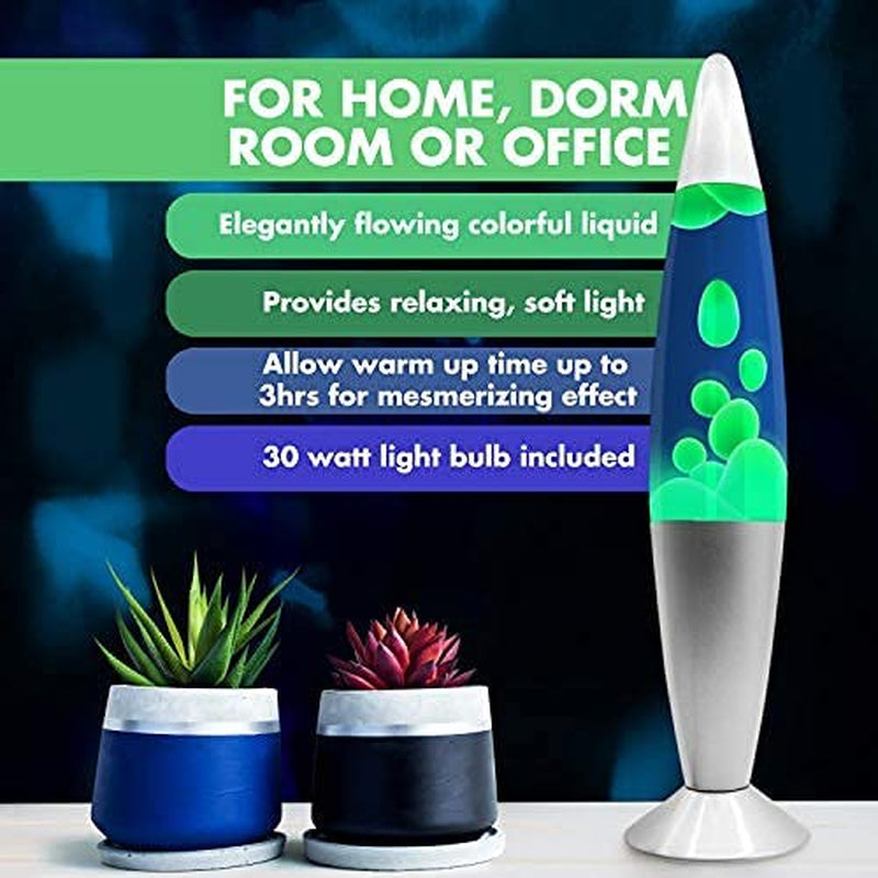 16-Inch Beautiful Lamp with Wax That Flows like Lava (Blue with Yellow/Green Wax, 16 Inch), Relaxing Night Light Nighlight Home Decor Living Room Office Bedroom Lamp for Adults, Teens, and Kids