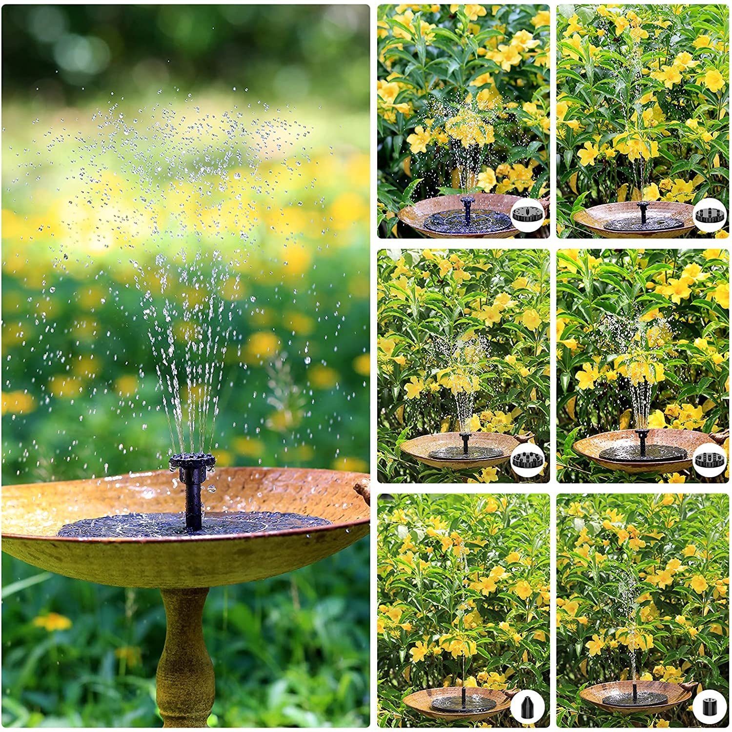 2.5W Solar Bird Bath Fountain Pump, Solar Fountain Pump for Bird Bath with 6 Nozzles, 6.7" Solar Powered Water Fountain Pump for Garden, Ponds, Pool, Fish Tank, Outdoor and Aquarium