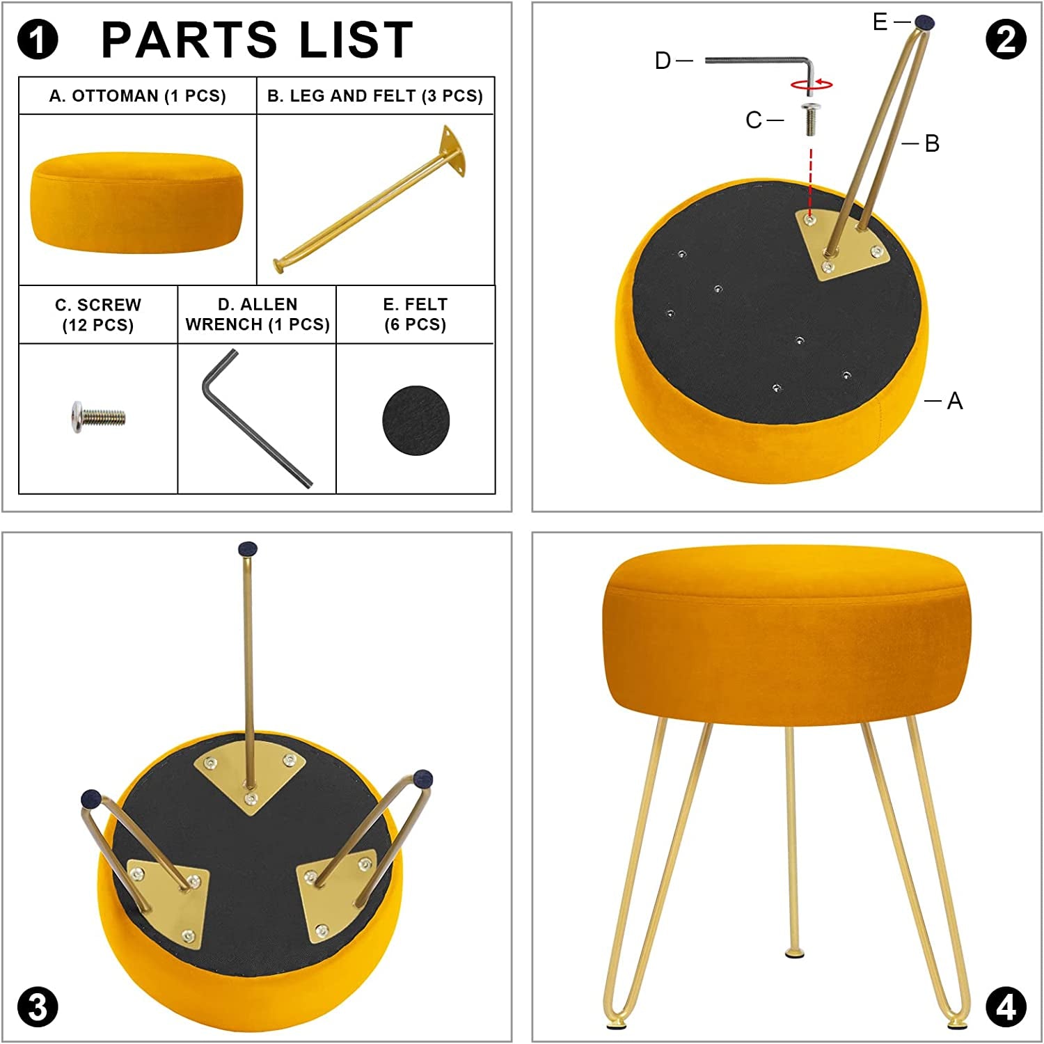 Multifunctional Vanity Stools - Velvet round Ottoman Modern Dressing Stool -Upholstered Footrest Stool - Side Table Footstool with Golden Metal Leg for Living Room, Bedroom(Pumpkin Orange)