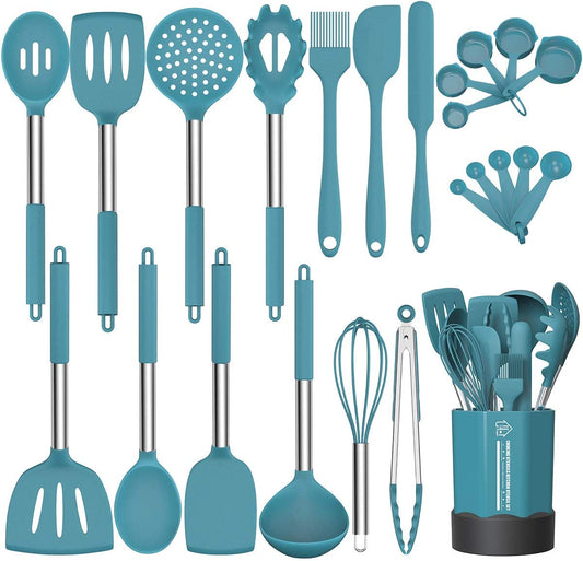 Silicone Cooking Utensil Set,  Non-Stick Kitchen Utensil 24 Pcs Cooking Utensils Set, Heat Resistant Cookware, Silicone Kitchen Tools Gift with Stainless Steel Handle (Blue-24Pcs）