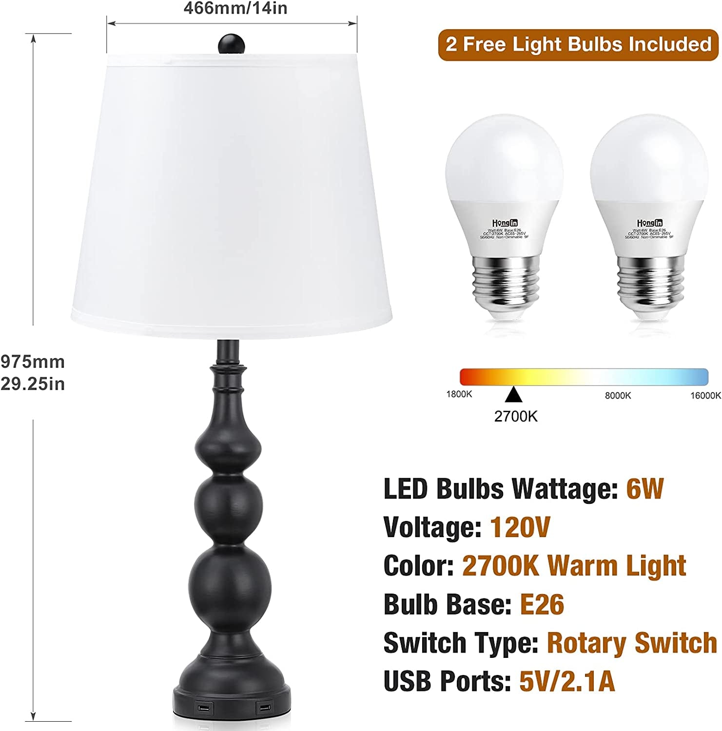 USB Table Lamp Set of 2 - Room Lamps with USB Charging Ports, Industrial Farmhouse Nightstand Lamp with Fabric Lampshade, Bedside Lamp Sets with Rotary Switch for Living Room Bedroom(Bulbs Included)