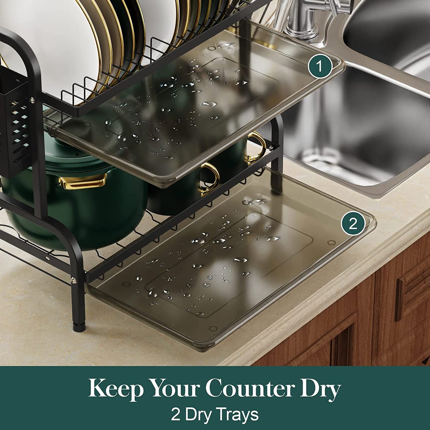 Dish Drying Rack for Kitchen Counter 2 Tier Dish Rack with Cup Holder, Dish Drainer with Drainboard and Utensil Holder Large Capacity for Small Kitchen Countertop Saving Space