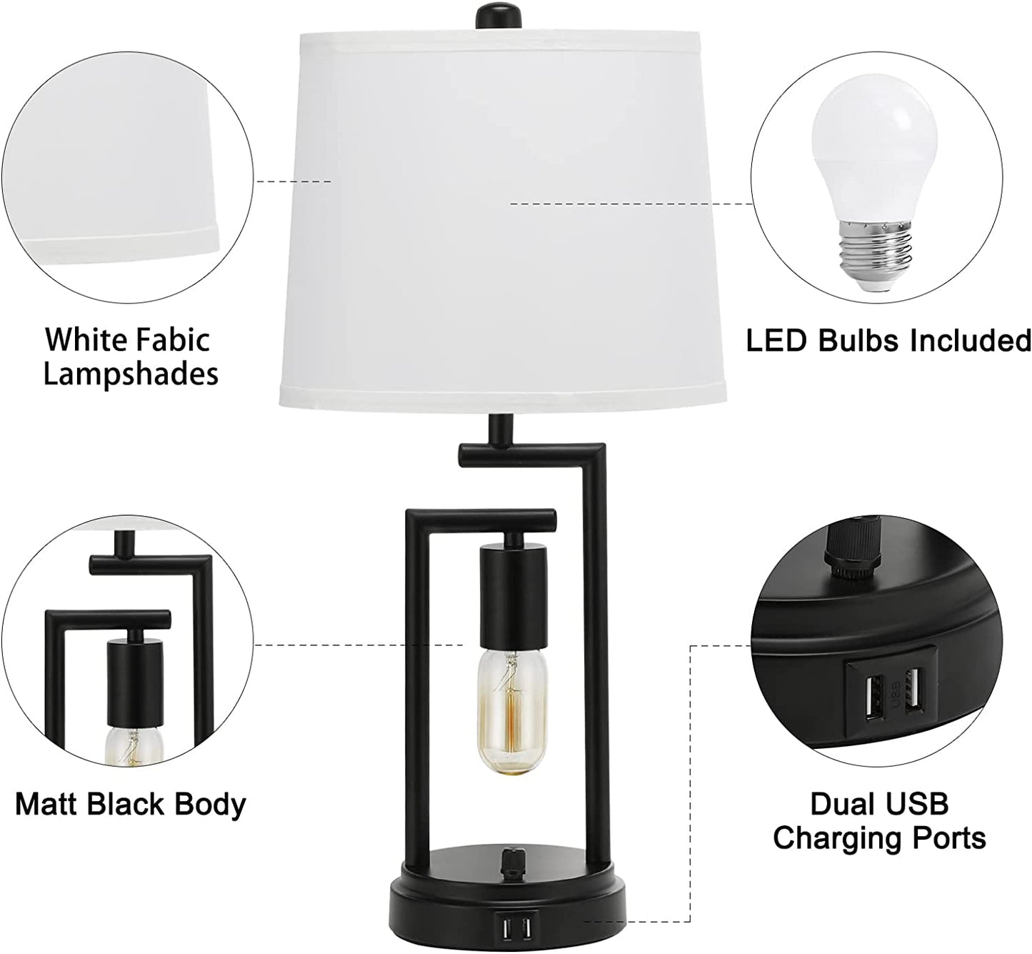 Table Lamps for Bedroom Set of 2,  3-Way Brightness Bedside Lamps with Dual USB Charging Ports, 22.6'' White Fabric Shade Farmhouse Nightstand Lamps for Bedroom, Living Room (LED Bulbs Included)