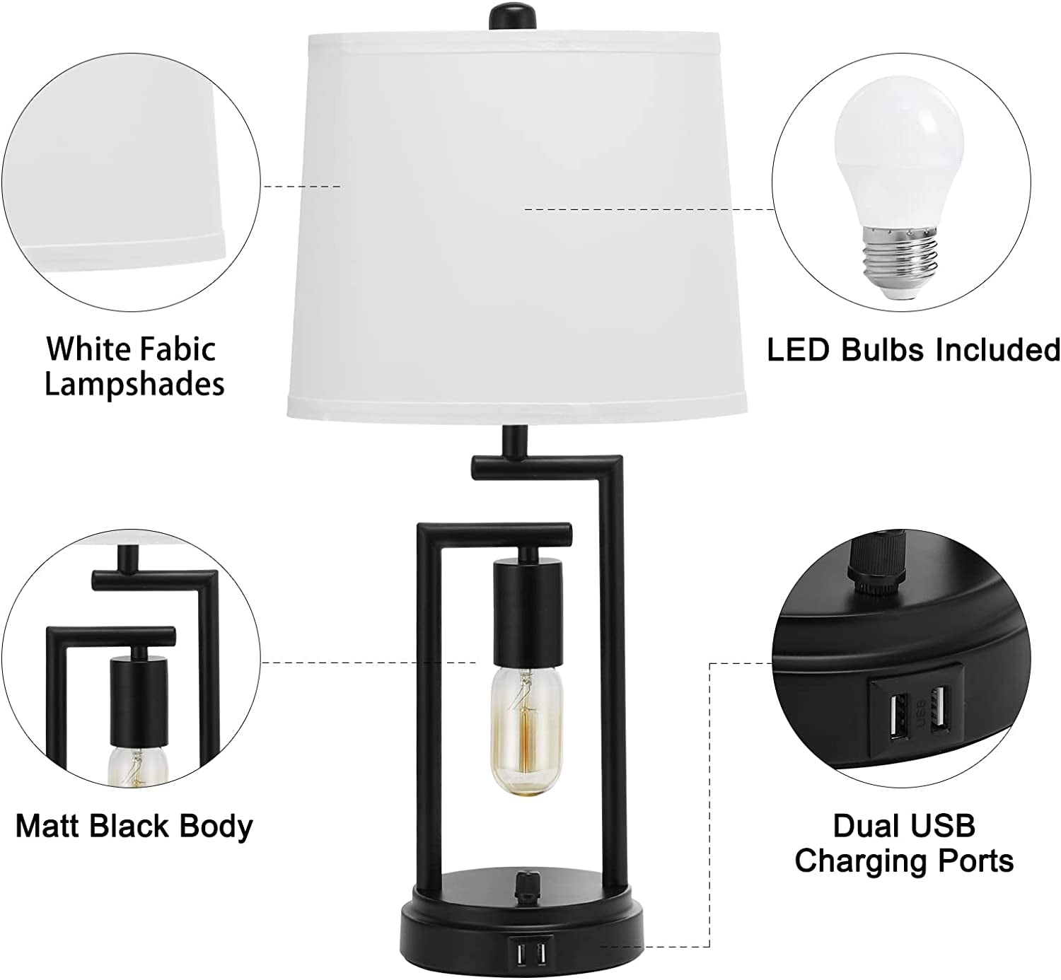 Table Lamps for Bedroom Set of 2,  3-Way Brightness Bedside Lamps with Dual USB Charging Ports, 22.6'' White Fabric Shade Farmhouse Nightstand Lamps for Bedroom, Living Room (LED Bulbs Included)