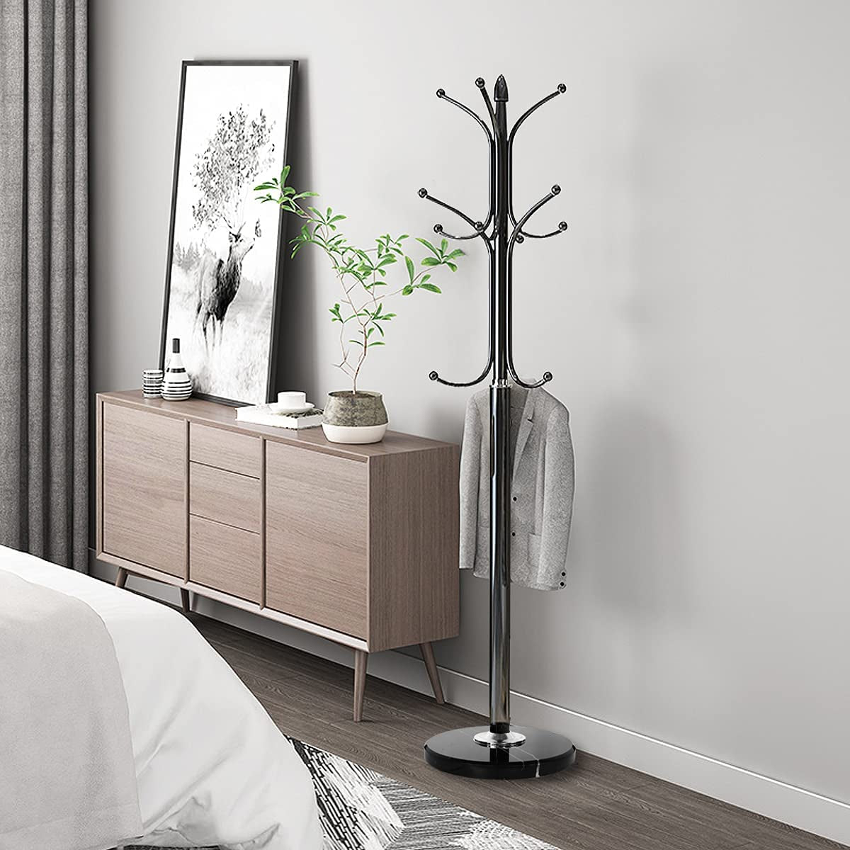Kertnic Metal Coat Rack Stand with Natural Marble Base, Free Standing Hall Tree with 12 Hooks for Hanging Scarf, Bag, Jacket, Home Entry-Way Hat Hanger Organizer (Black)