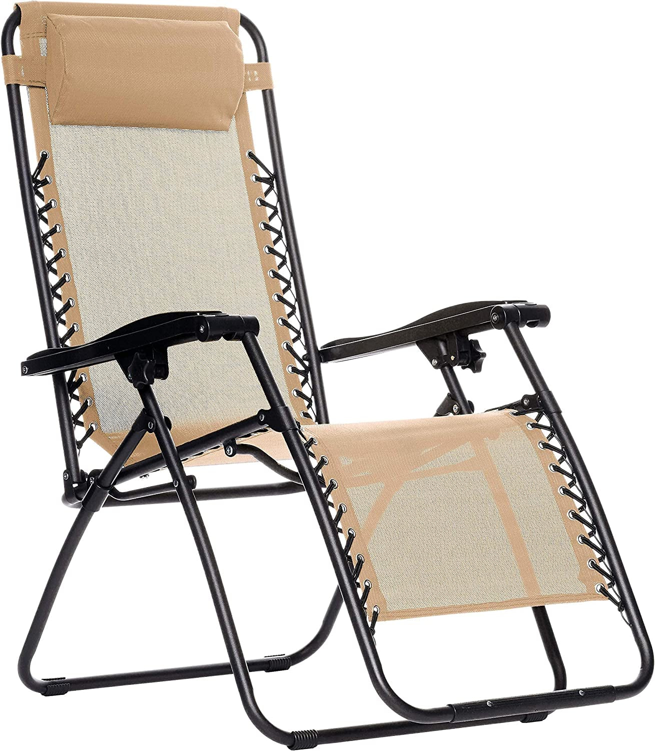 Outdoor Textilene Adjustable Zero Gravity Folding Reclining Lounge Chair with Pillow, Beige