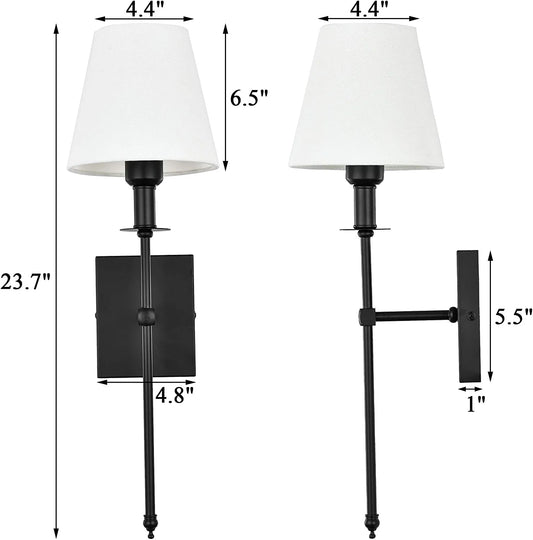 Slim Wall Sconce Set of 2 White Fabric Shades Wall Sconce Hardwired Indoor Wall Light Column Stand Bedroom Wall Lamps Bathroom Vanity Light Fixture, Black