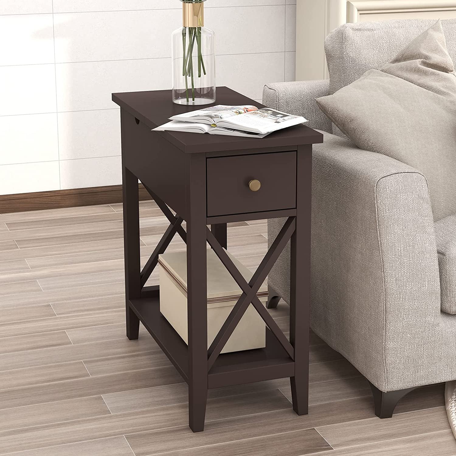 Flip Top End Table, Narrow Side Table Slim End Table with Drawer and Storage Shelf for Small Space, Living Room, Bedroom, Espresso