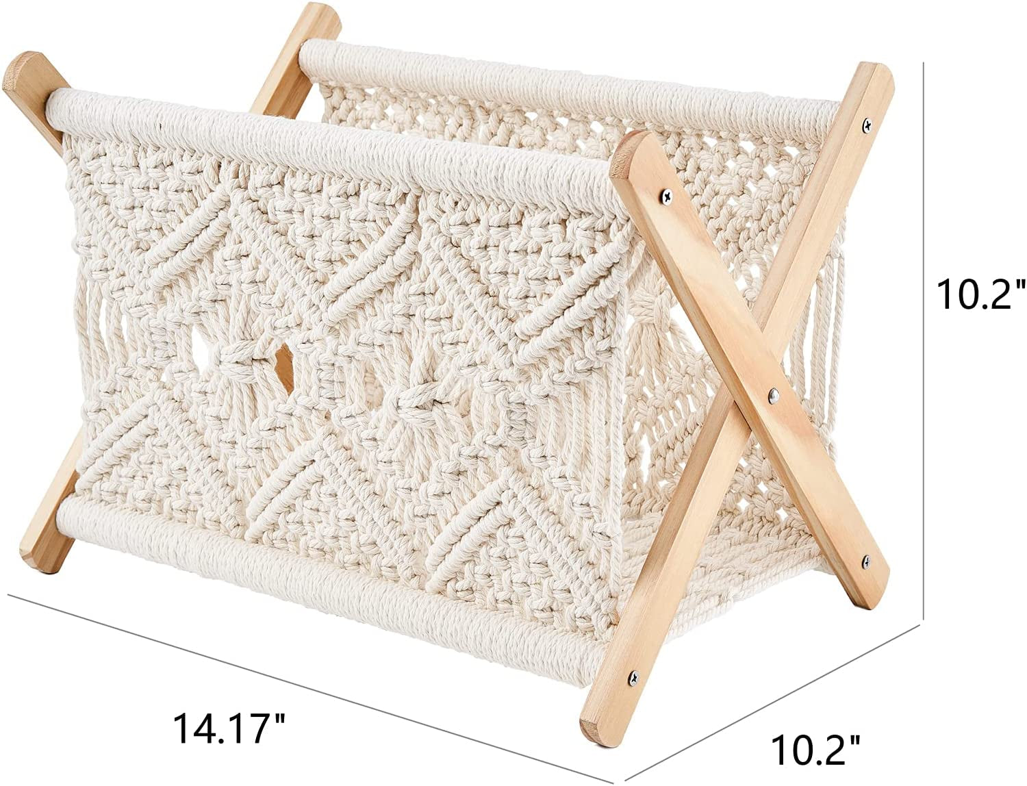 Macrame Magazine Rack Boho Magazine Holder Storage Standing Basket for Books, Newspapers, Swaddle Blanket, Living Room, Bathroom, Office, Nursery, Home Decor, Medium Size, 14’’L X 10’’W