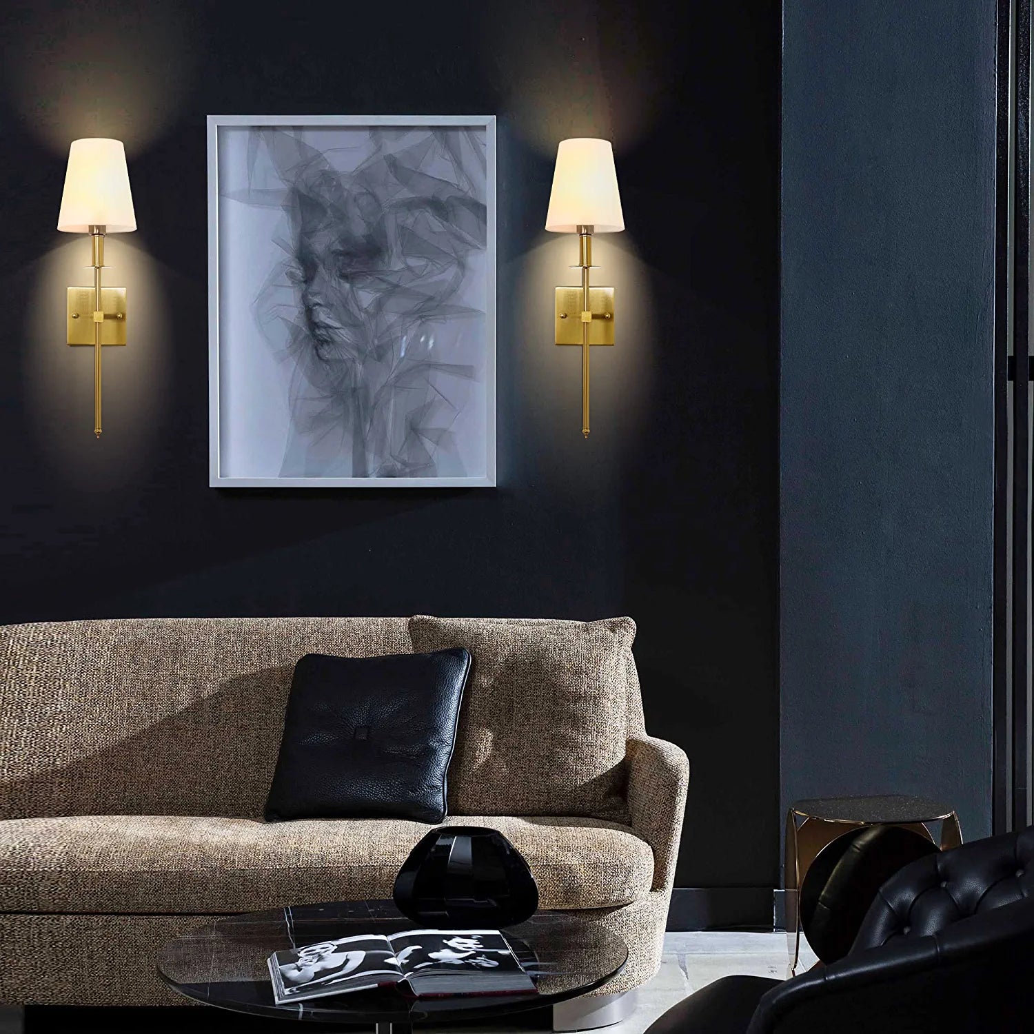 Wall Sconces Set of 2, Dimmable Sconces Wall Lighting, Classic Hardwired Indoor Brushed Gold Metal Sconce Lights with Fabric Shades (Bulb and Switch Not Included)