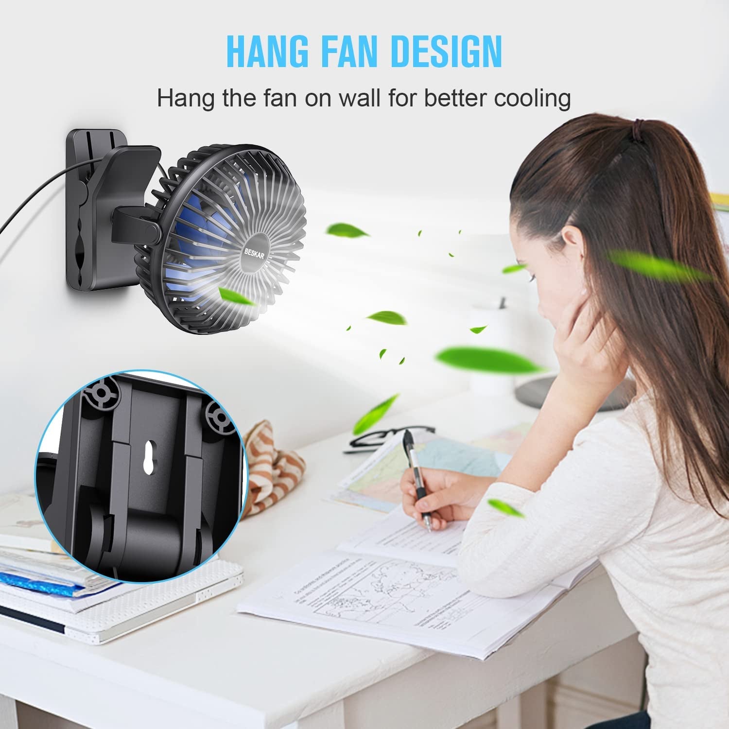 USB Powered Clip on Fan, 6 Inch Portable Fan with Cord, 3 Speeds Strong Airflow, Small Fan with Sturdy Clamp, Quiet Personal Desk Fan & Clip Fan