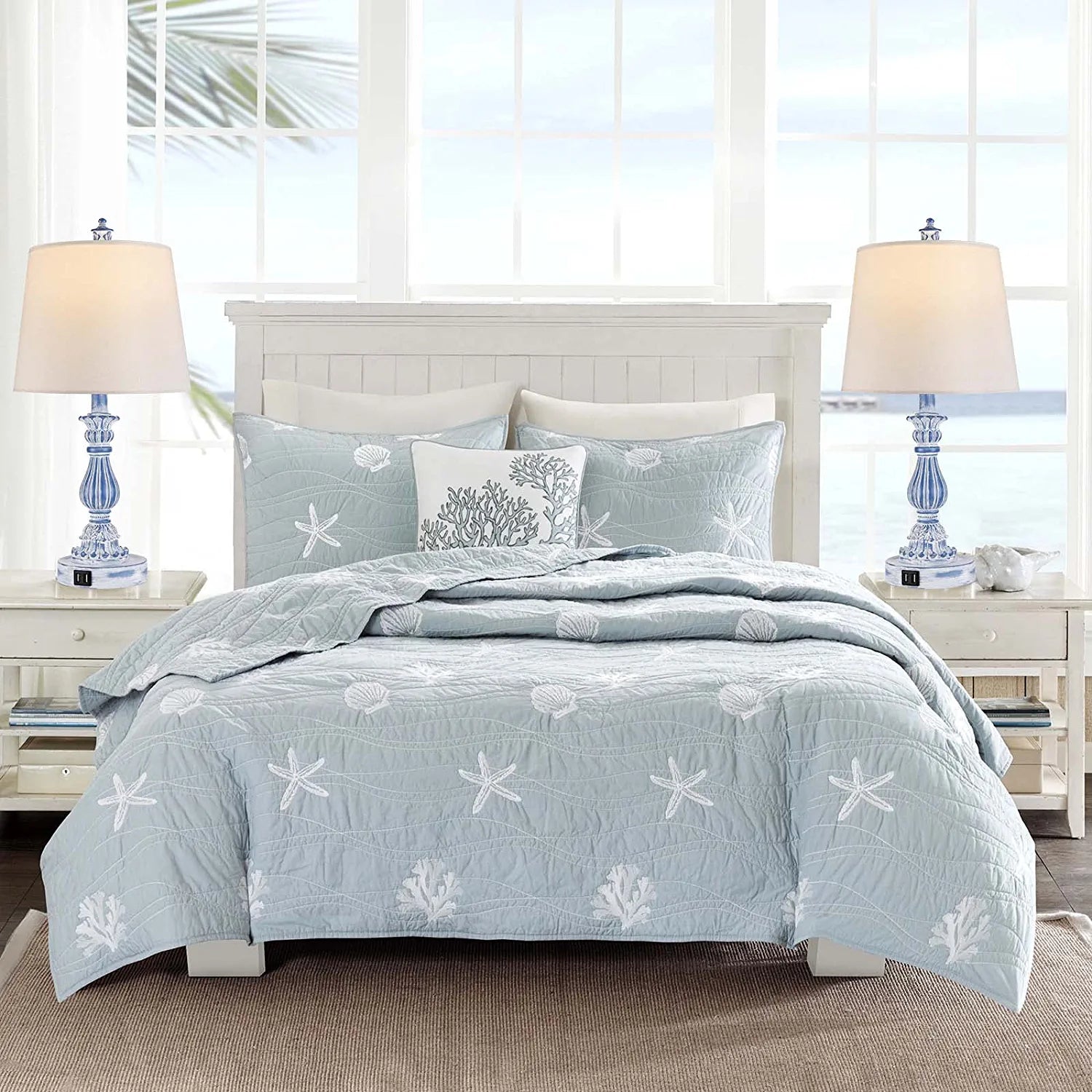 Coastal 3 Way Dimmable Touch Table Lamp for Bedrooms Set of 2 Farmhouse Bedside Lamp for Living Rooms Blue Washed Nightstand Lamp with 2 USB Charging Ports,2 Bulbs Included