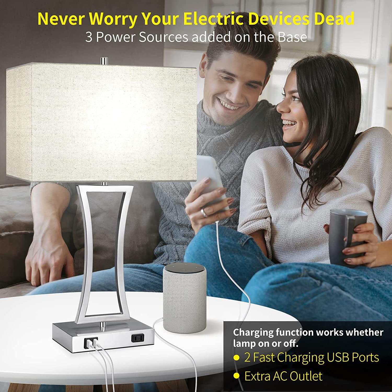 Set of 2 Touch Control 3-Way Dimmable Table Lamp, Nightstand Lamp with USB Port AC Outlet Bedside Nightstand Lamp for Living Room, 22In, Cream Shade, Daylight White Bulbs Included