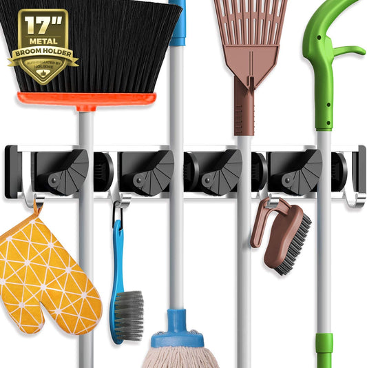 Mop Broom Holder Wall Mount Metal Pantry Organization and Storage Garden Kitchen Tool Organizer Wall Hanger for Home Goods (4 Positions with 4 Hooks, Black)