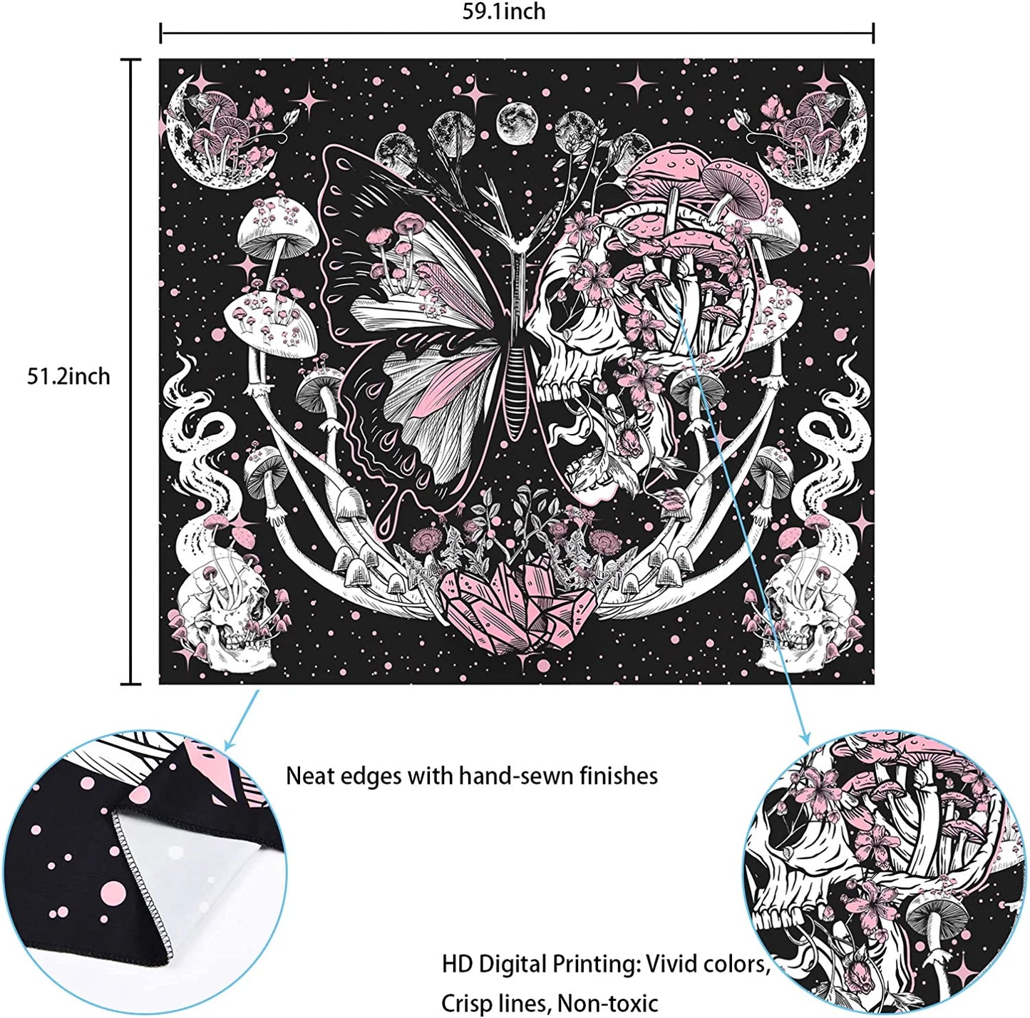 Skull Tapestry Hippie Mushroom Tapestries Aesthetic Moth Tapestry Moon and Stars Tapestry Snake Tapestry Wall Hanging for Room(51.2 X 59.1 Inches)
