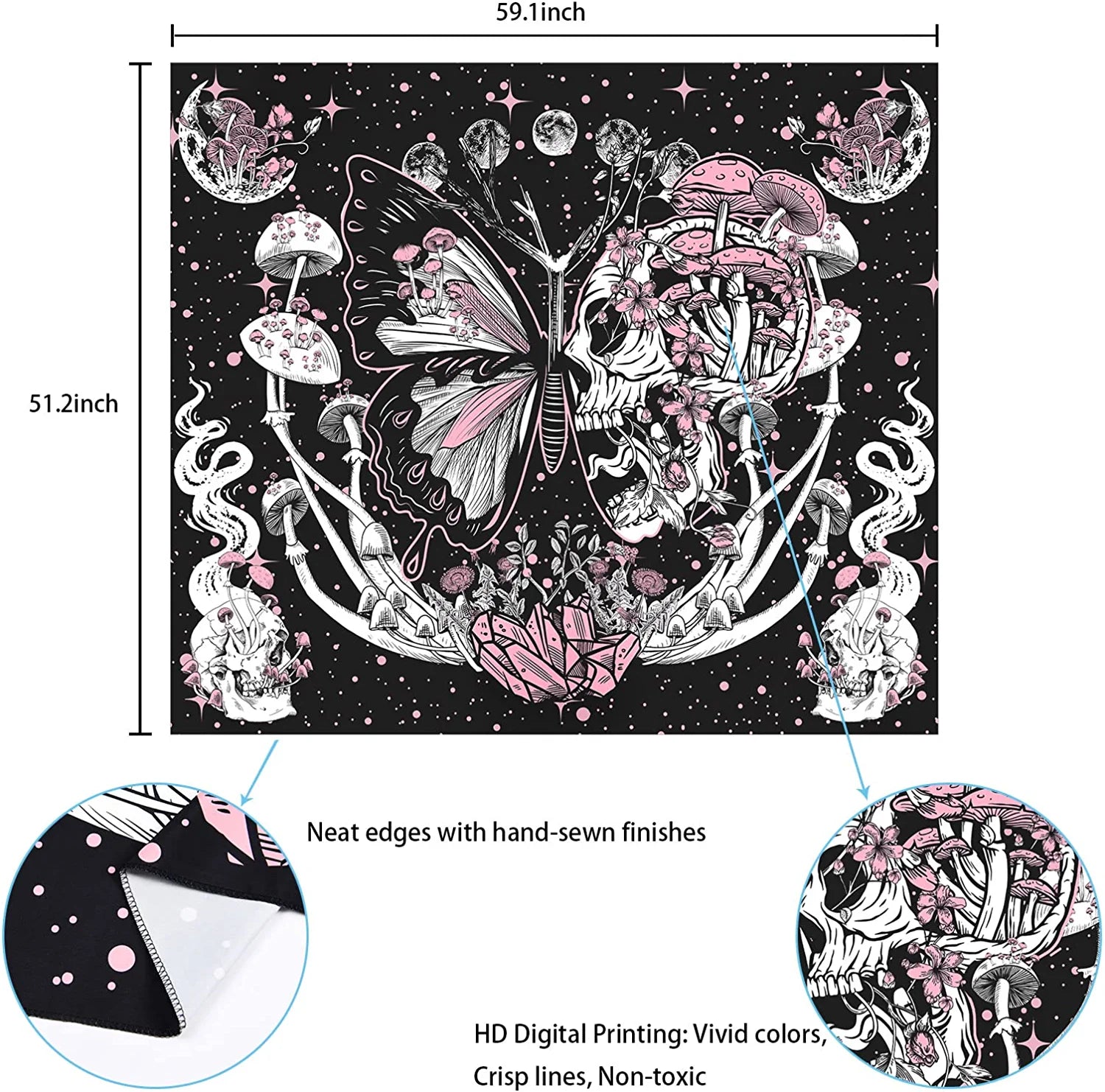 Skull Tapestry Hippie Mushroom Tapestries Aesthetic Moth Tapestry Moon and Stars Tapestry Snake Tapestry Wall Hanging for Room(51.2 X 59.1 Inches)