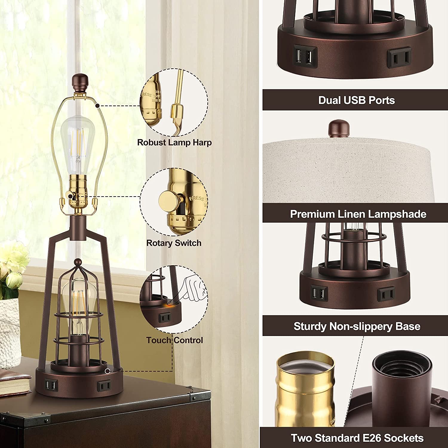 Set of 2 Farmhouse Table Lamps with USB Ports, 3-Way Dimmable Bedside Touch Lamp, Bedroom Nightstand Lamp with AC Outlet, Rustic Industrial Desk Lamps for Living Room Reading, Bulbs Included