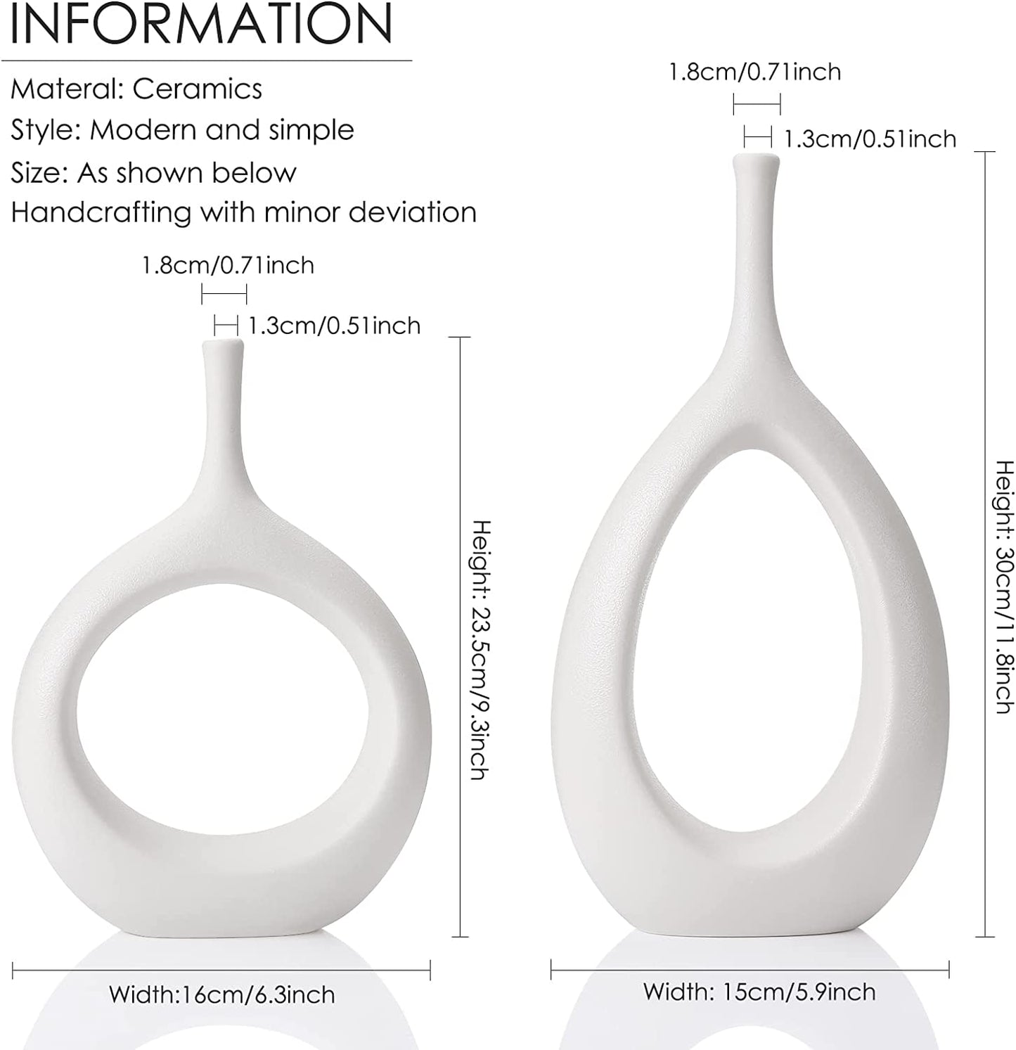 White Ceramic Hollow Vases Set of 2, Flower Vase for Decor, Modern Decorative Vase Centerpiece for Wedding Dinner Table Party Living Room Office Bedroom, Housewarming Gift