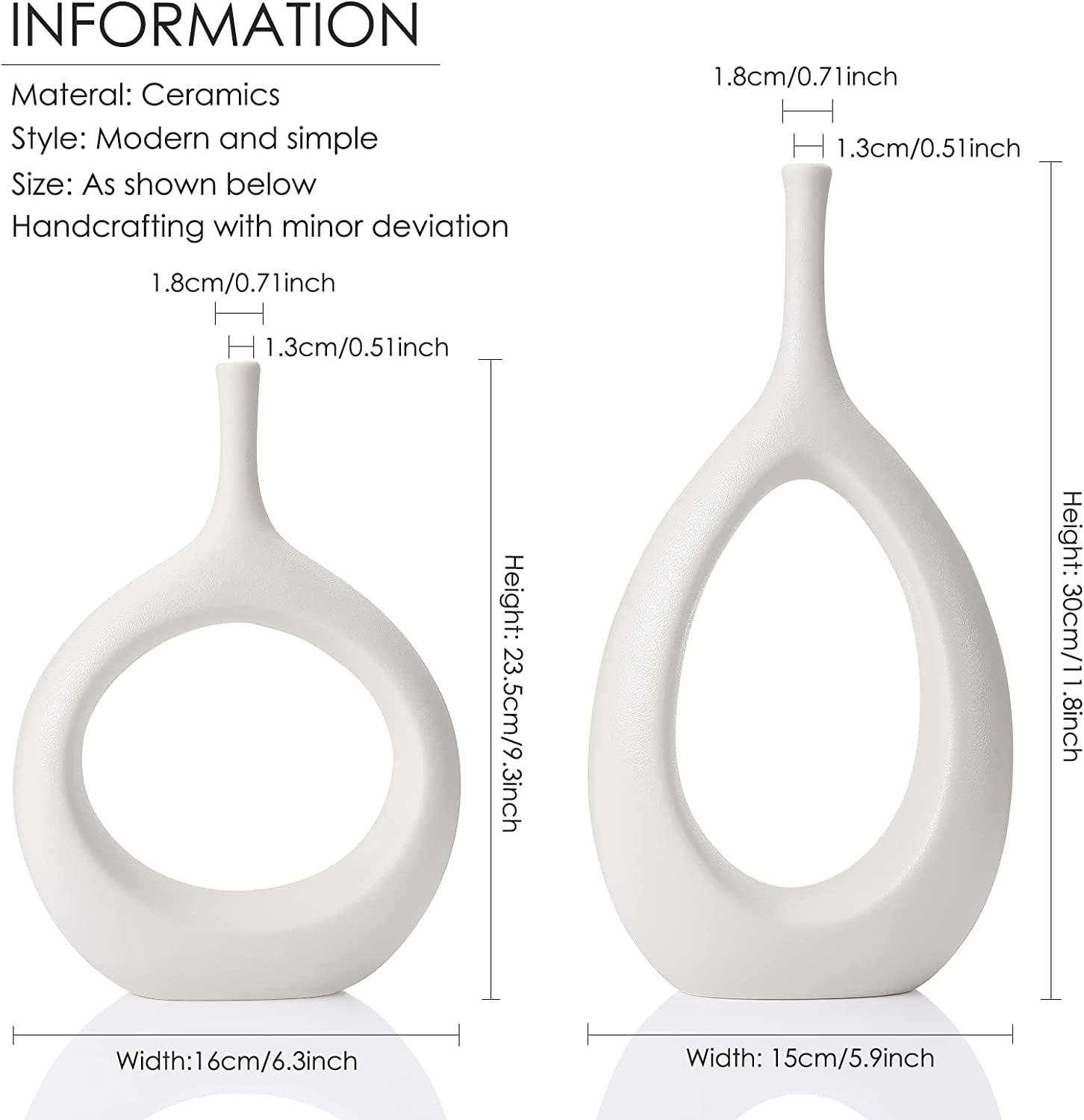 White Ceramic Hollow Vases Set of 2, Flower Vase for Decor, Modern Decorative Vase Centerpiece for Wedding Dinner Table Party Living Room Office Bedroom, Housewarming Gift