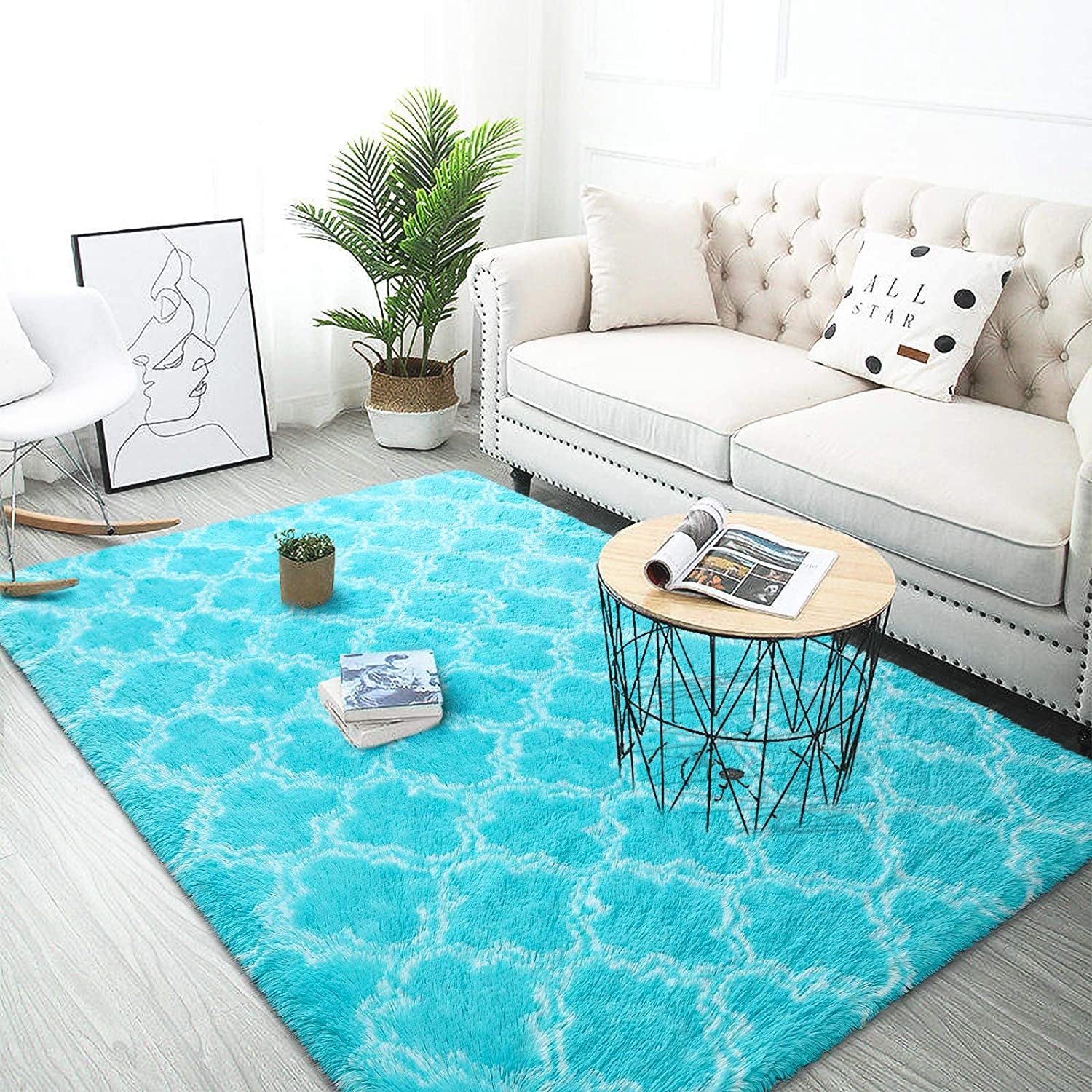 Luxury Shag Area Rug Modern Indoor Plush Fluffy Rugs, Extra Soft and Comfy Carpet, Geometric Moroccan Rugs for Bedroom Living Room Girls Kids Nursery, 5X8 Feet Blue/White