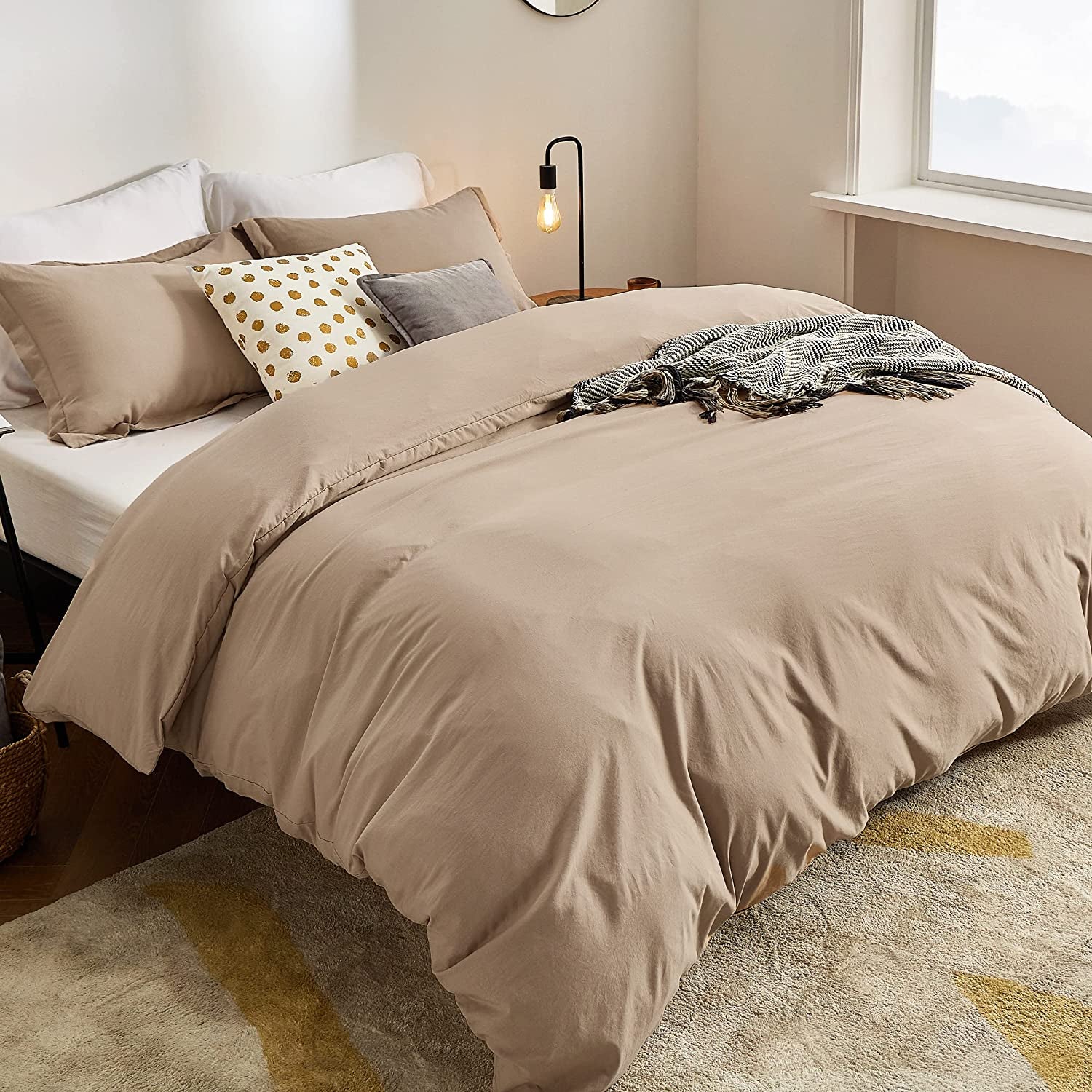 Khaki Duvet Covers Queen Size - Washed Duvet Cover, Soft Queen Duvet Cover Set 3 Pieces with Zipper Closure, 1 Duvet Cover 90X90 Inches and 2 Pillow Shams (No Comforter)