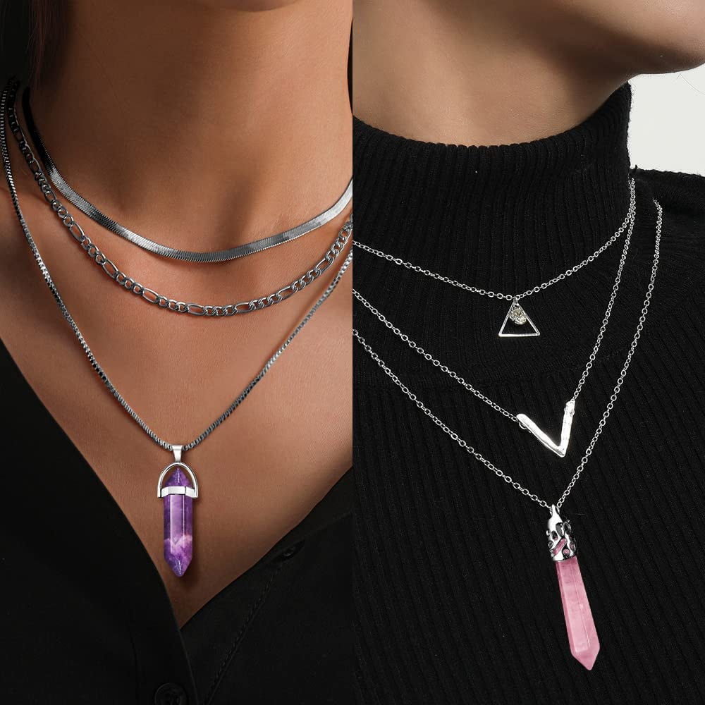 6-9 PCS Chain Necklace Egirl Men Male Emo Goth Chains Statement Lock Key 1-4 Layered Pendants Necklace for Women Teen Girls Boys Eboy Long Multilayer Chains Punk Choker Silver and Gold Set