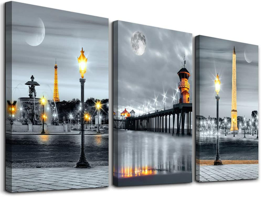 Family Bedroom Wall Decor Canvas Wall Art for Living Room Modern Wall Decorations for Bathroom Night View Paintings Kitchen Canvas Art Hang Pictures Artwork Home Decoration 3 Pieces