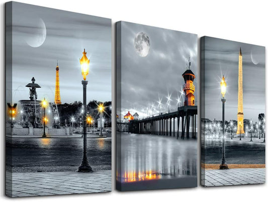 Family Bedroom Wall Decor Canvas Wall Art for Living Room Modern Wall Decorations for Bathroom Night View Paintings Kitchen Canvas Art Hang Pictures Artwork Home Decoration 3 Pieces