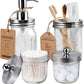 Amolliar Mason Jar Bathroom Accessories Set(4 Pack) - Lotion Soap Dispenser&Qtip Holder Set&Toothbrush Holder-Rustic Farmhouse Decor Apothecary Jar Bathroom Countertop,Vanity Organize (Brushed Nickel)